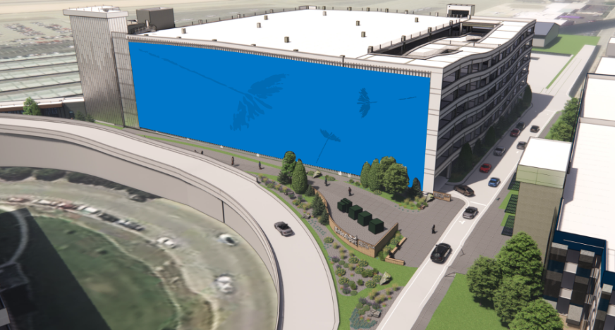 This rendering shows where the main mural designed by Chad Otis will appear on the eastern wall of the the rental car facility. (PHOTO: COURTESY OF THE CITY OF BOISE)