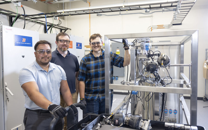 Idaho interns James Dawson and Andrew Bonilla, worked on developing cyber-informed engineering educational platforms with INL controls engineer and mentor, Ben Lampe. (PHOTO: INL)