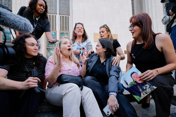 Amy Neville, mother of Alexander, Mary Rodee, mother of Riley Basford, Shelby Knox, lawyer Laura Marquez-Garrett, lawyer Lennon Torres and CEO of Heat Initiative Sarah Gardner react outside the court after the jury found Meta and Google liable in a key test case accusing Meta and Google's YouTube of harming children's mental health through addictive social media platforms, in Los Angeles, California, March 25, 2026. (PHOTO: REUTERS/Mike Blake)