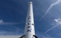 The SpaceX Falcon 9 rocket booster is shown outside the company?s facility in Hawthorne California, on April 23, 2026. (PHOTO: REUTERS/Mike Blake/File)