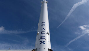 The SpaceX Falcon 9 rocket booster is shown outside the company?s facility in Hawthorne California, on April 23, 2026. (PHOTO: REUTERS/Mike Blake/File)