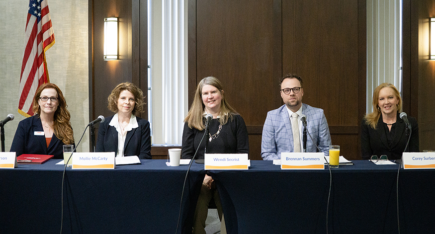 The panelists for the Idaho Business Review Breakfast Series on April 9 on Business View on Legislation are, from left, Lisa Raye Anderson, Mollie McCarty, Wendi Secrist, Brennan Summers and Corey Surber. (PHOTO: MARC LUTZ, IBR)