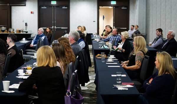 Attendees at the April 9 Breakfast Series, held at The Grove Hotel in downtown Boise, listen as panelists answer questions regarding the 2026 legislative session. (PHOTO: MARC LUTZ, IBR)