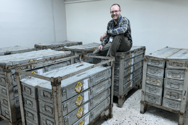 INL researcher Kevin Lyon with the Magnox fuel inventory in Greece prior to packaging and shipment. (PHOTO: INL)