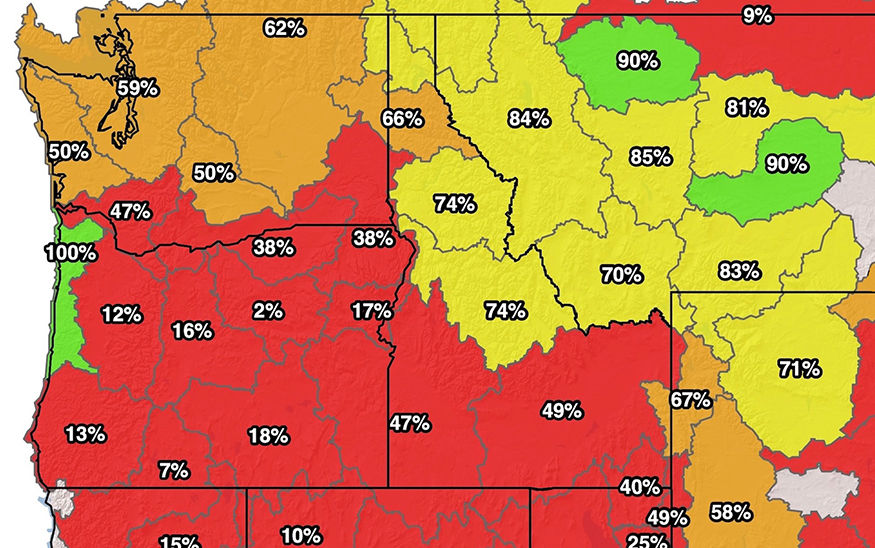 This SNOTEL (snow telemetry) map on the USDA website shows the mountain snowpack's water content compared to the average for the same date. (GRAPHIC: Natural Resources Conservation Service, via Northern Rockies News Service)