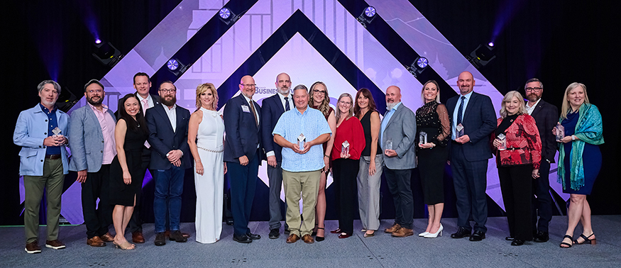 The leaders honored at this year's CEO of Influence awards on May 7 pose for a post-event photo. They are, from left, Mark Russel, Dr. Alejandro Zamora, Cherie Hoger, Rick Naerebout, Ehsan Soltan, Tressa McLaughlin, Matthew Hunter, Ben Merkle, Jos Zamzow, Brandi Hodnett, Callie Zamzow, Erin Anderson, Neil Nelson, Erika Ferrozzo, David McFadyen, Nicole Sirak Irwin, Ben Davenport and Link of Distinction honoree Rebecca Hupp. (PHOTO: PRO IMAGE EVENT PHOTOGRAPHY)