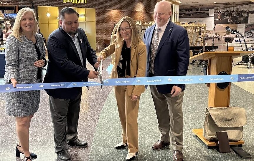 Boise MayoBoise Mayor Lauren McLean, center, leads the 100-year anniversary ribbon cutting ceremony. Also pictured from left to right are Rebecca Hupp, Boise Airport Director; Mike Vigil, U.S. Postal Service; and Chris Greene, RS&H architectural firm. The airport announced after the anniversary celebration that it has been awarded nearly $9 million in grants to help with the construction of Concourse A. (PHOTO: STEVE LOMBARD, IBR)r Lauren McLean, center, leads the 100-year anniversary ribbon cutting ceremony. Also pictured from left to right are Rebecca Hupp, Boise Airport Director; Mike Vigil, U.S. Postal Service; and Chris Greene, RS&H architectural firm. (PHOTO: STEVE LOMBARD, IBR)