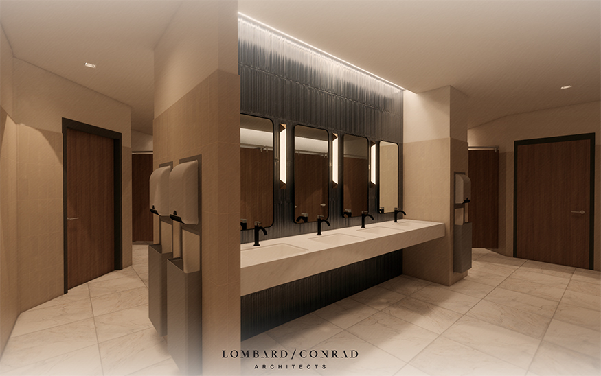 This illustration shows how the completed bathrooms will appear at the Morrison Center. (ILLUSTRATION: LOMBARD/CONRAD)