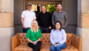 From left to right, Drake Cooper's leadership team: Patrick Hoopes, ECD; Mindy Stomp, CEO; John Drake, president; Kyle Johnston, executive director of integration; and Katie Reid, vice president of people and finance. (PHOTO: DRAKE COOPER)