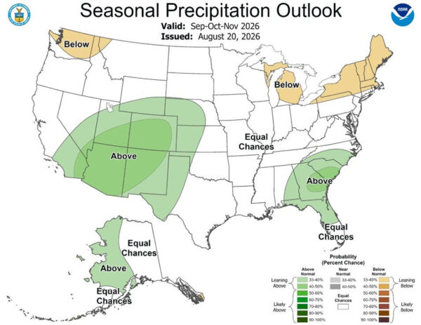 Precipitation outlook for the U.S. from September to November. (GRAPHIC: NOAA)