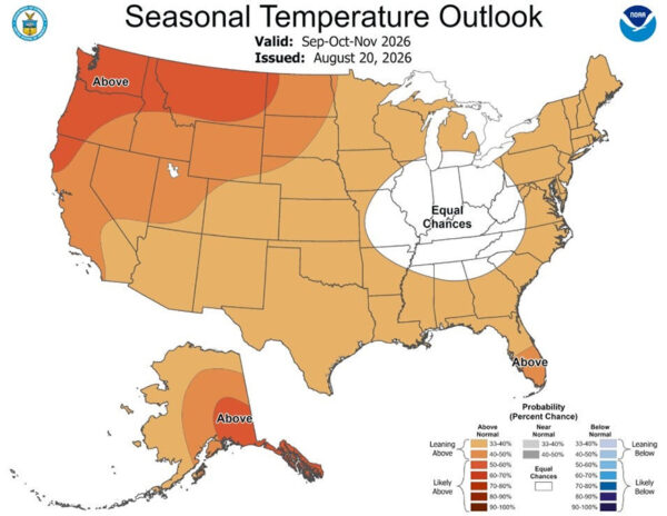 Temperature outlook for the U.S. from September to November. (GRAPHIC: NOAA)