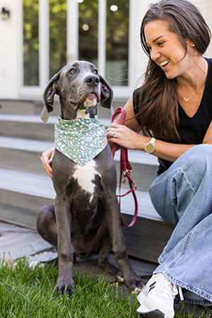 The Big Damn Dog CEO Sarah McLean is with Juniper, her latest Great Dane family addition. (PHOTO: THE BIG DAMN DOG CO.)